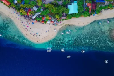 Aerial drone view of Candidasa Bali coastline tropical paradise