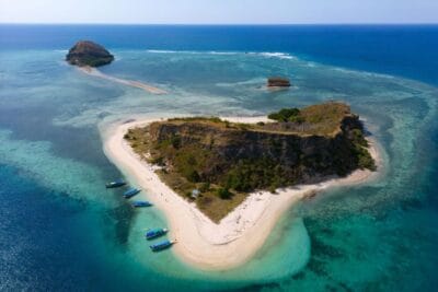 "Drone view of 17 Islands Marine Park Riung Flores with turquoise waters and tropical islands"